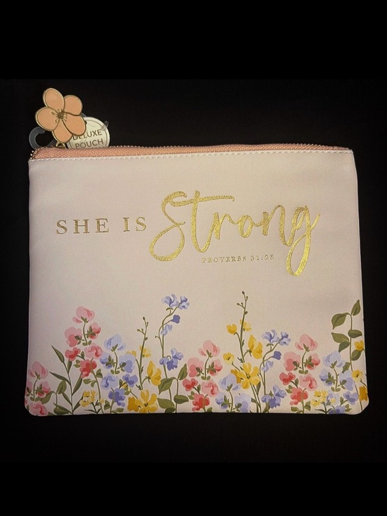 Handbags - Proverbs 31:25 She Is Strong Floral Zip Pouch - Cream